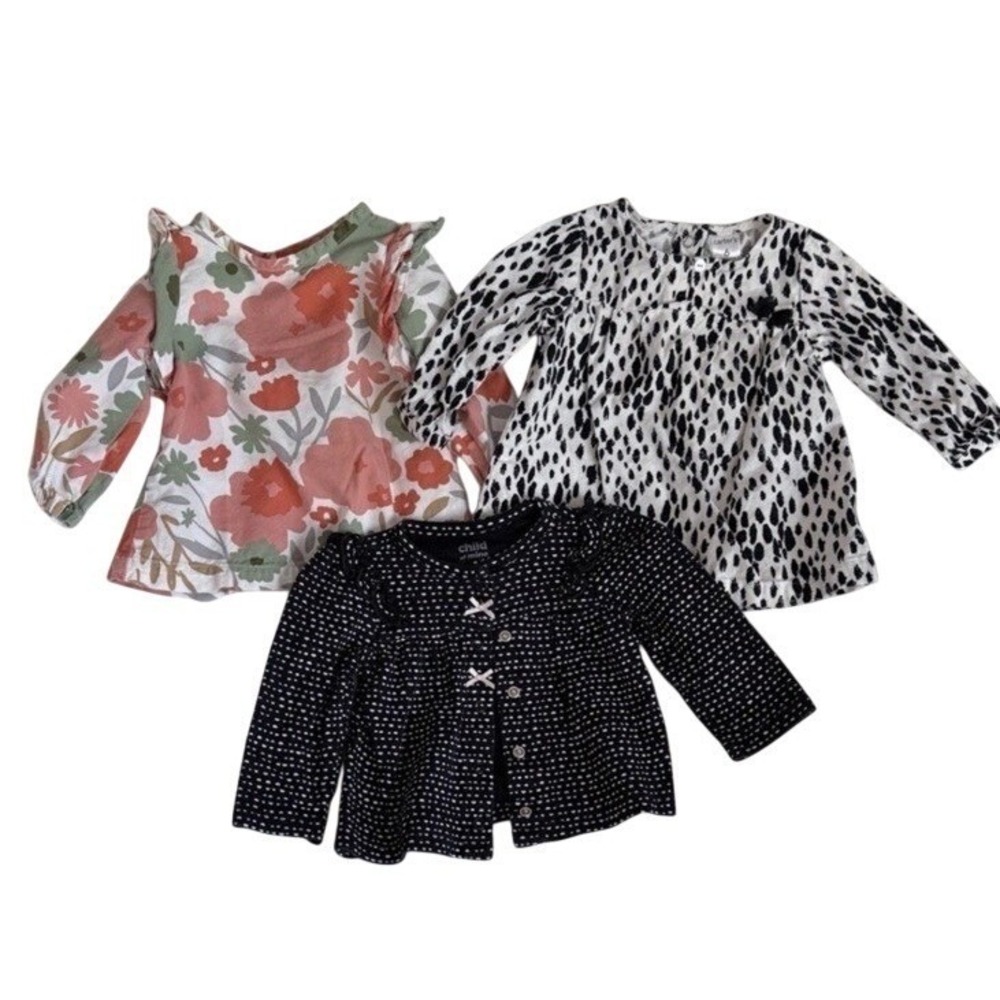 Carters Baby Girls 6-9 Months Long Sleeve Top Bundle Floral Animal Polka Dot 3pc